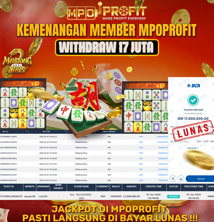 MPOPROFIT JACKPOT SLOT PGSOFT! KEMENANGAN MURNI DI (MAHJONG WAYS TOTAL 17.000.000,- LUNAS)